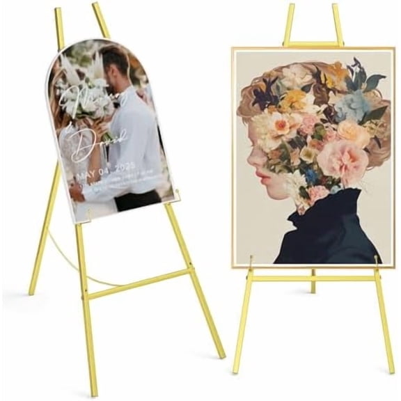 Gold Easel Stand for Sign, Adjustable Metal Display Easel with Chain Support 3-Tier Height Large Floor Standing Easels for Painting, Wedding, Commercial Display, Baby Shower, Birthday Party