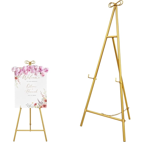 Gold Easel Stand for Sign, 55'' Adjustable Easel Stand for Display, Metal Easel Display Stand Heavy Duty(Round Tube)