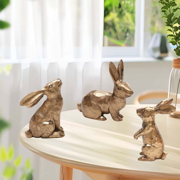 Gold Easter Bunny Decor, Set of 3 Modern Geometric Resin Rabbit Figurines - Elegant Spring Table Decorations & Centerpiece, Gold Statue for Home, Office, Mantel, Shelf, Gift Idea