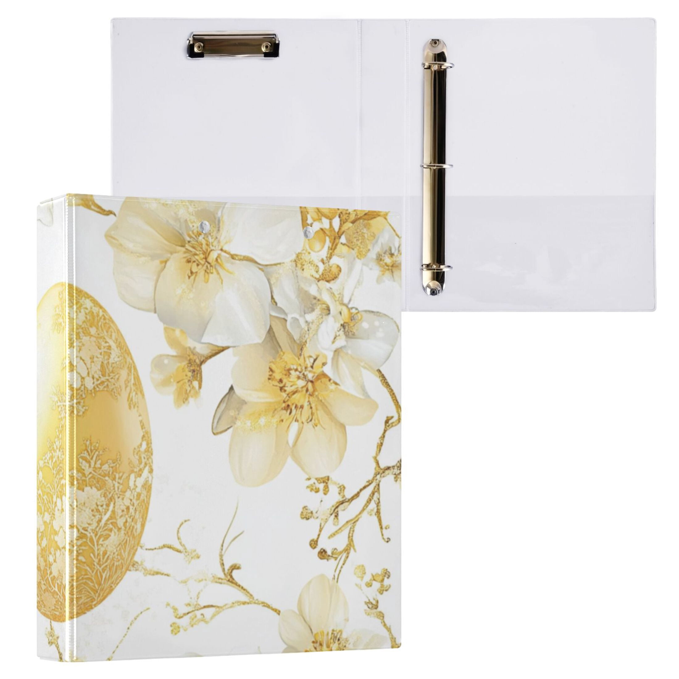 Gold Easter Eggs Flowers 3 Ring Binders 1.5 inch Hardcover File Folders with Interior Pockets A4 Size Organizer for School Office Hospital Set of 2