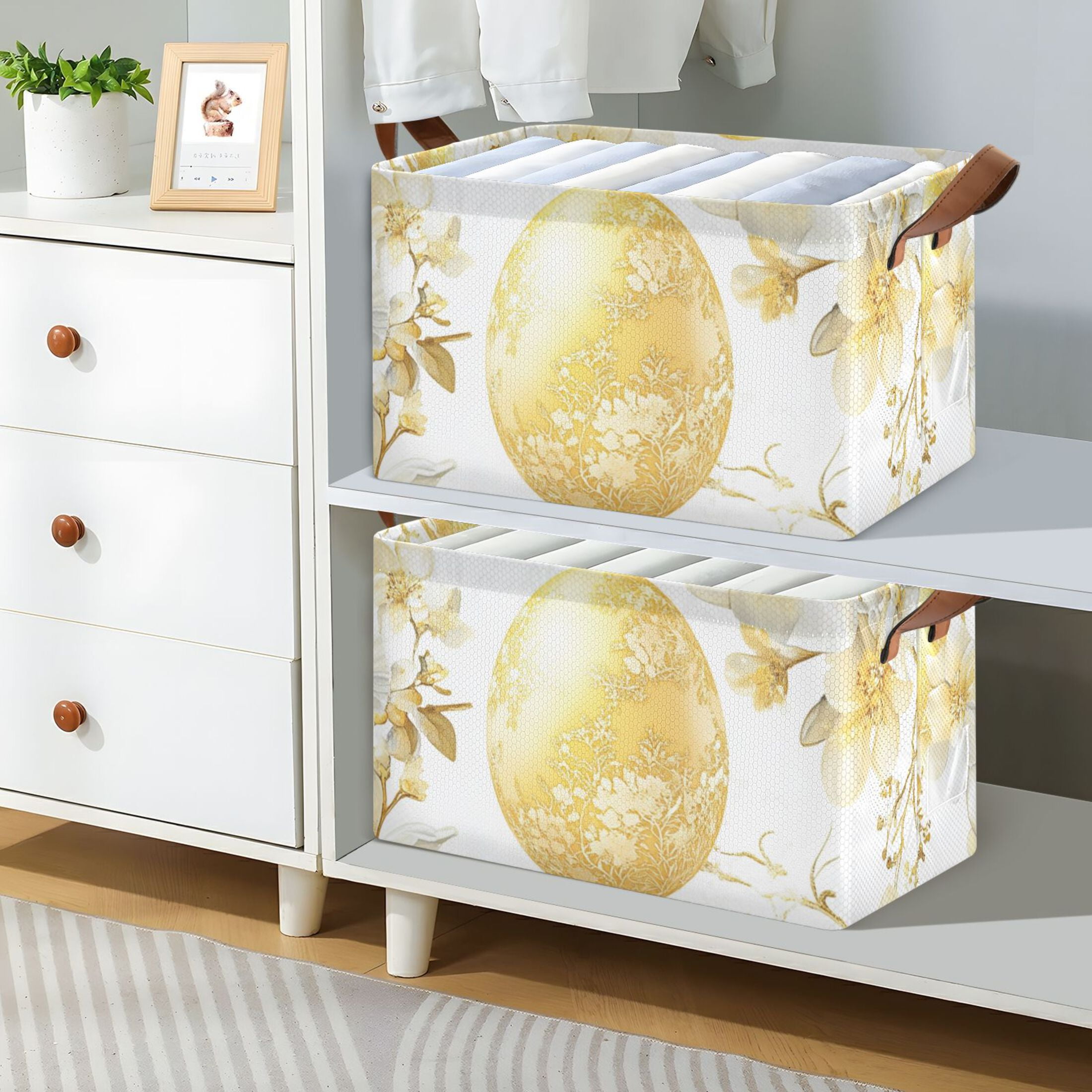 Gold Easter Eggs Flowers Foldable Storage Large Fabric Storage Baskets Organizer Storage Bins with Handles for Shelves