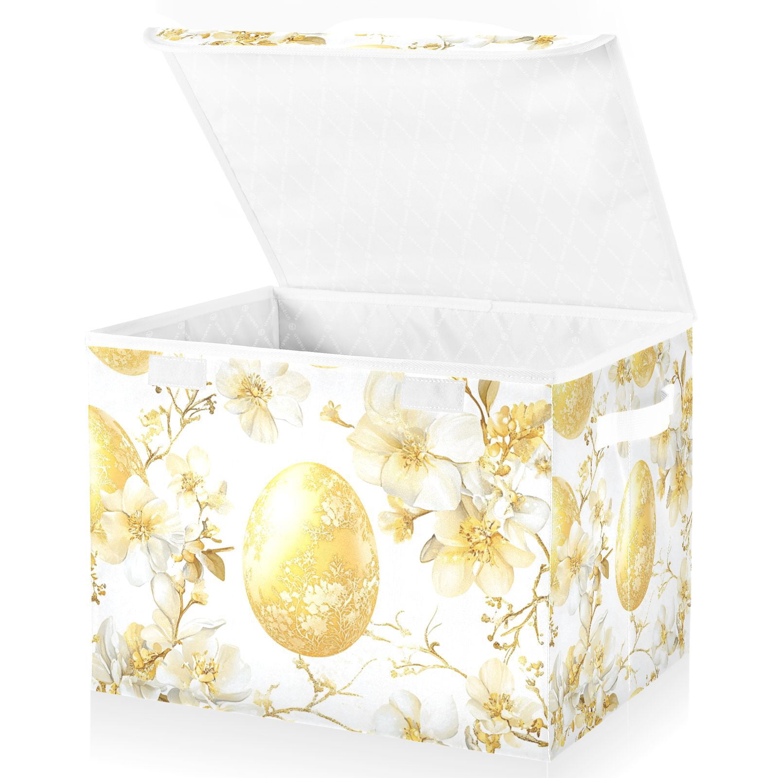 Gold Easter Eggs Flowers Storage Basket for Shelves Foldable Container Organizer for Organizing Toys Clothes Books with Handles