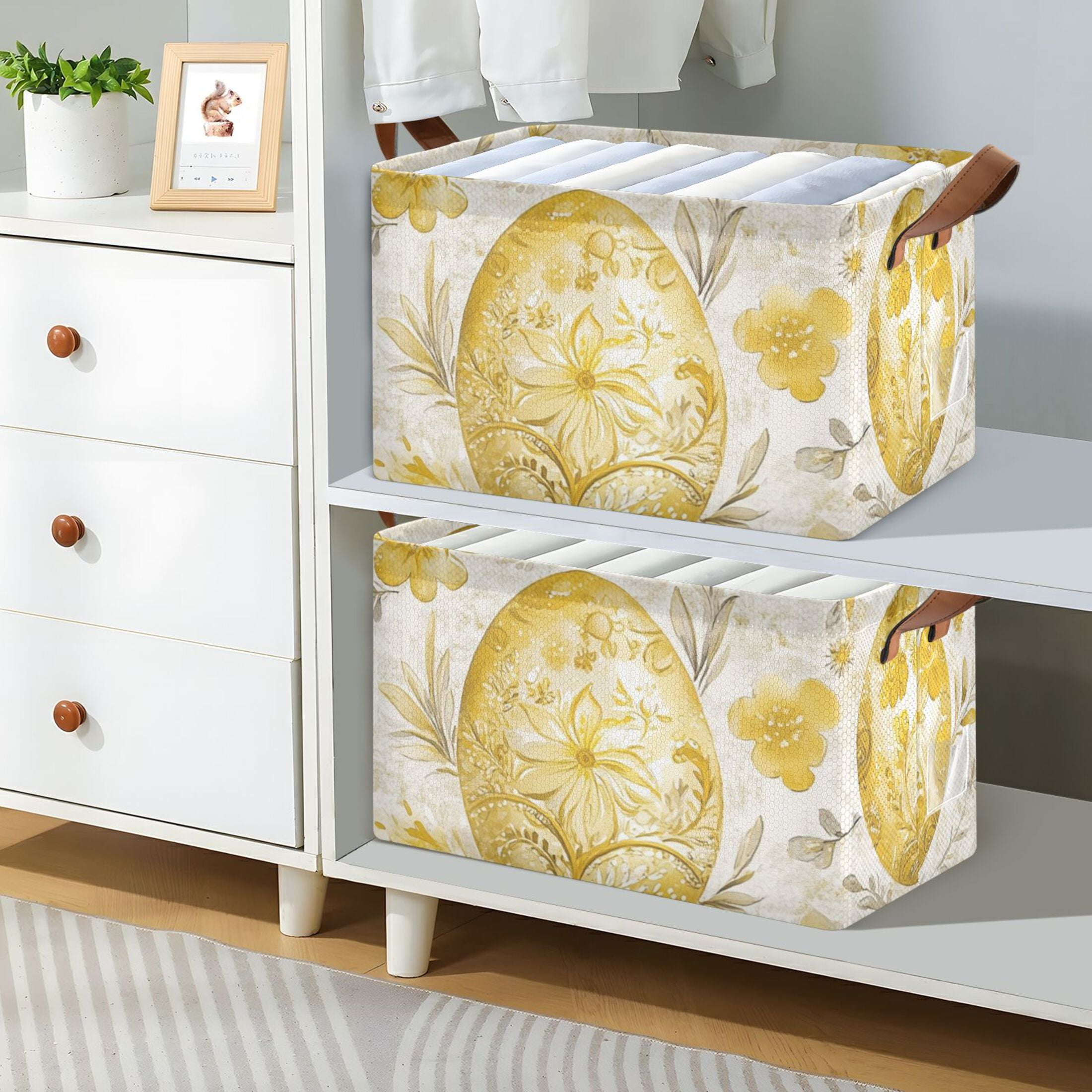 Gold Easter Eggs Foldable Storage Large Fabric Storage Baskets Organizer Storage Bins with Handles for Shelves