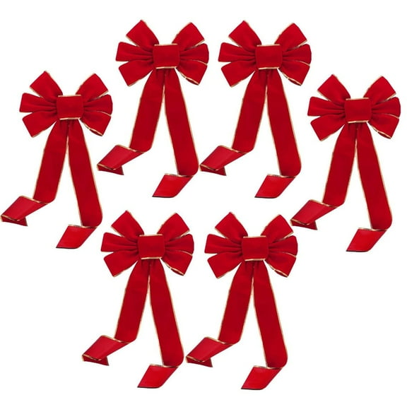 Gold Edge Christmas Wreath Bows - 10" Wide, Set of 6, Red Velvet, Front Door, Gate, Fence, Retail Display, Gift Basket, Swag & Garland, Festive Winter Decor