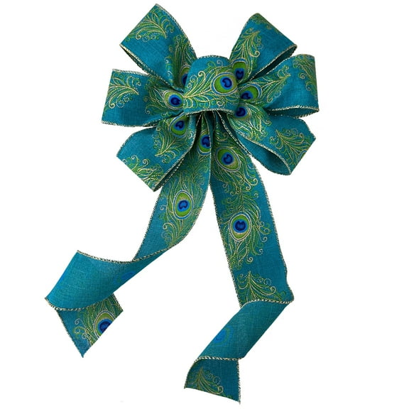 Gold Edge Peacock Wreath Bow - 10" Wide, 18" Long Pre-Tied Bow, Christmas, Holiday Door Decoration, Wired Ribbon, Swag, Garland, Mardi Gras