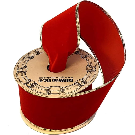 Gold Edge Red Velvet Ribbon - 2 1/2" x 10 Yards, Christmas, Wired Edges