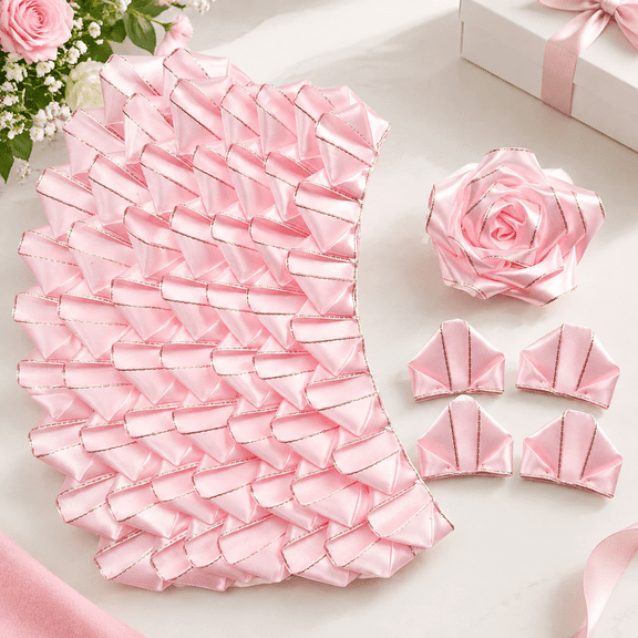 Gold Edge Silk Ribbon Rose Petals Pre-Made Glitter Shimmering Flowers for DIY Bouquets, Half-Finished Crafted Shining Forever Flower for Weddings Anniversaries, Shining Light Pink