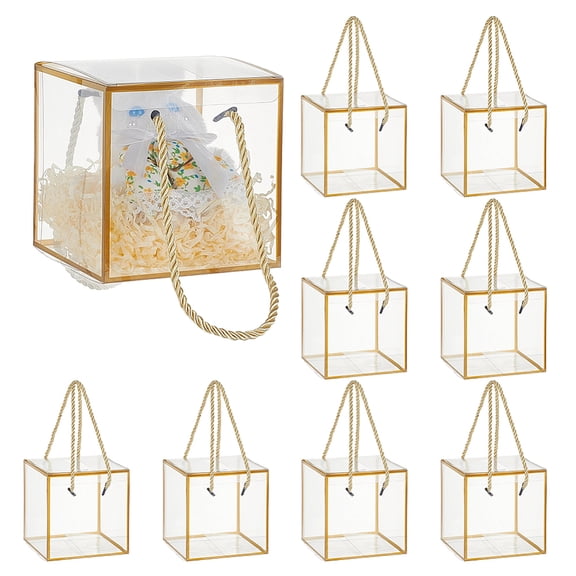 Gold Edged Transparent Plastic Packing Boxes with Ribbon Handles Square Clear 12x12x12cm