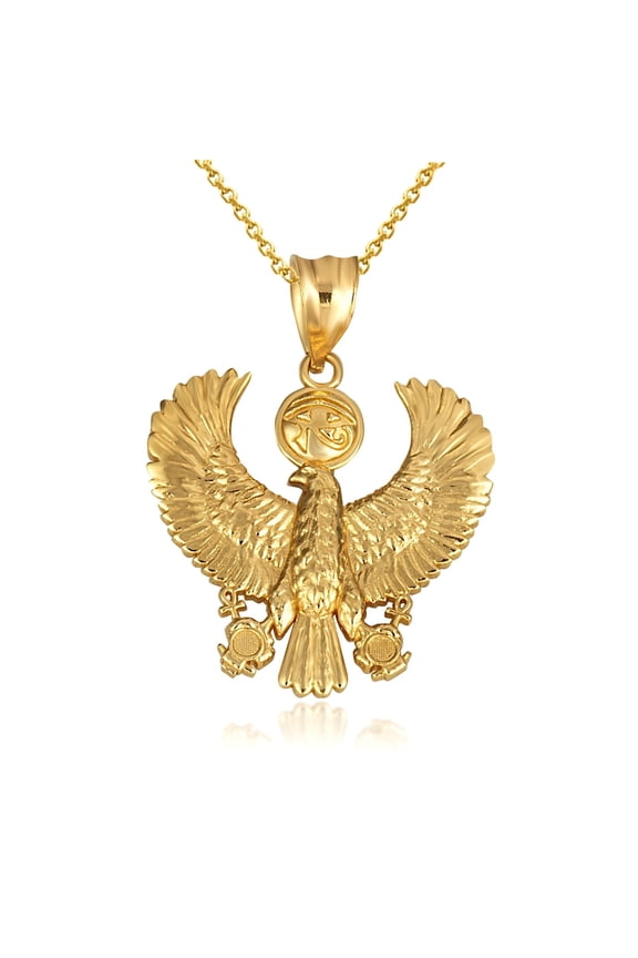 Gold Egyptian Protection Eagle Eye of Horus Wadjet Ankh Pendant Necklace (Available in Yellow/Rose/White Gold) (14K,Yellow Gold,Pendant with 22" chain)