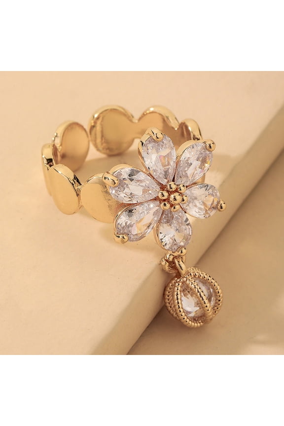 Gold Electroplated Diamond Flower Ring For Women Adjustable