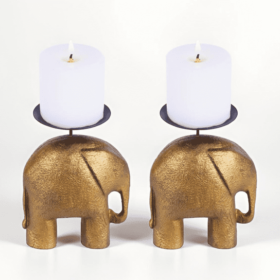 Vriksha Kraft Gold Elephant Small Pillar and Taper Candle Holders, Set of 2