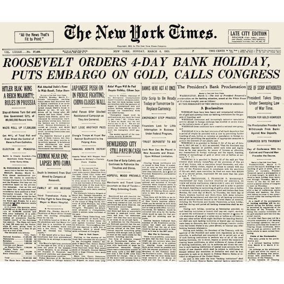 Gold Embargo 1933. Nfront Page Of The New York 'Times ' 6 March 1933 Announcing President Franklin D. Roosevelt'S