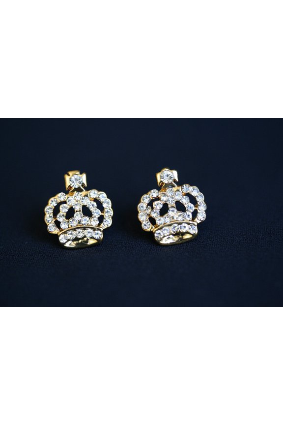 Gold Embellished Crown Stud Earrings, Rhinestone Crown Earrings