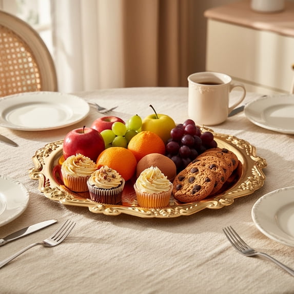 Gold Embossed Metal Serving Tray - Decorative Vanity Organizer for Jewelry Display and Dessert Presentation