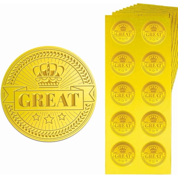 Gold Embossed Sticker Seal Great and Crown 1.4 Inch 150Pcs Self Adhesive Golden Around Embossing Decals for Invitation Envelope Seal Gift Card Certificate Decoration