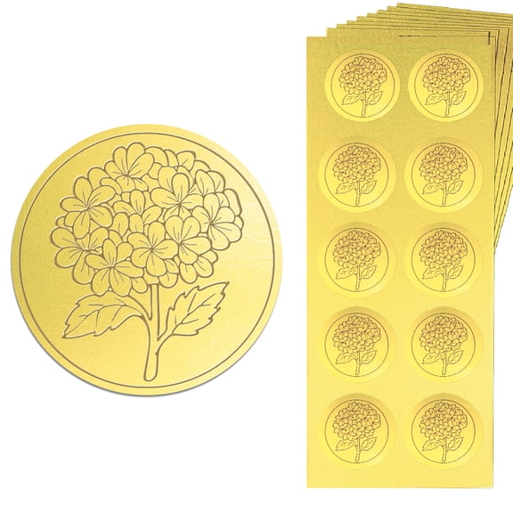 Gold Embossed Sticker Seal Hydrangea 1.4 Inch 150Pcs Self Adhesive Golden Around Embossing Decals