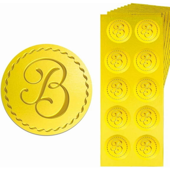Gold Embossed Sticker Seal Letter B 1.4 Inch 150Pcs Self Adhesive Golden Around Embossing Decals