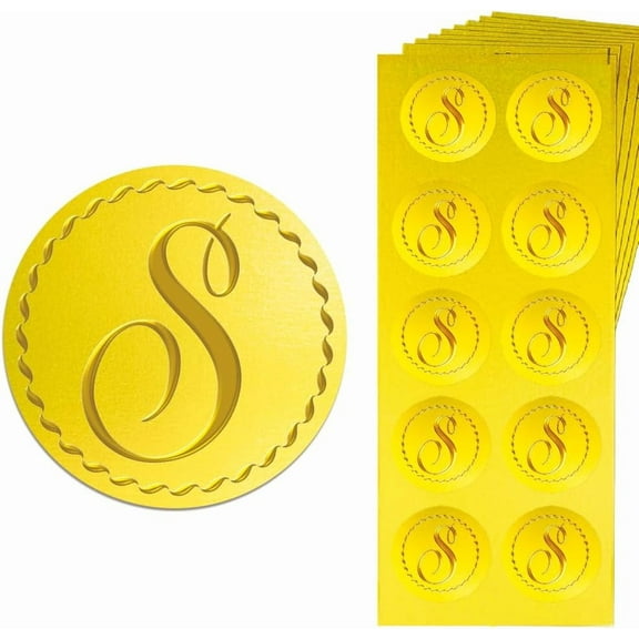 Gold Embossed Sticker Seal Letter S 1.4 Inch 150Pcs Self Adhesive Golden Around Embossing Decals