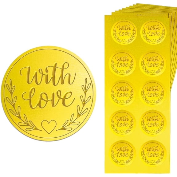 Gold Embossed Sticker Seal with Love and Leaves 1.4 Inch 150Pcs Self Adhesive Golden Around Embossing Decals for Invitation Envelope Seal Gift Card Certificate Decoration