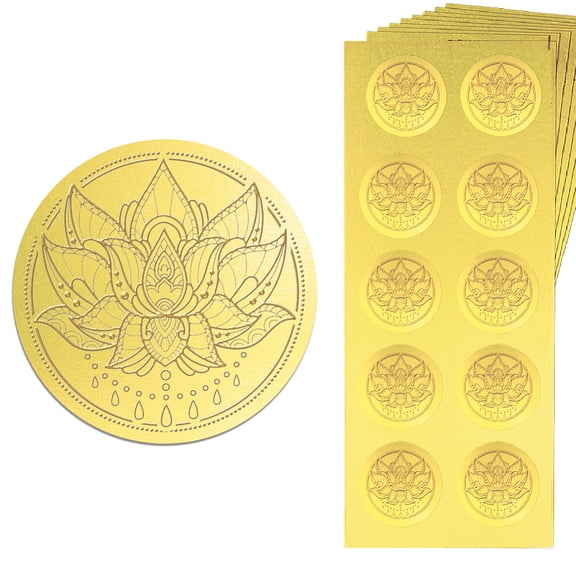 Gold Embossed Sticker Seal Mandala Lotus 1.4 Inch 150Pcs Self Adhesive Golden Around Embossing Decals