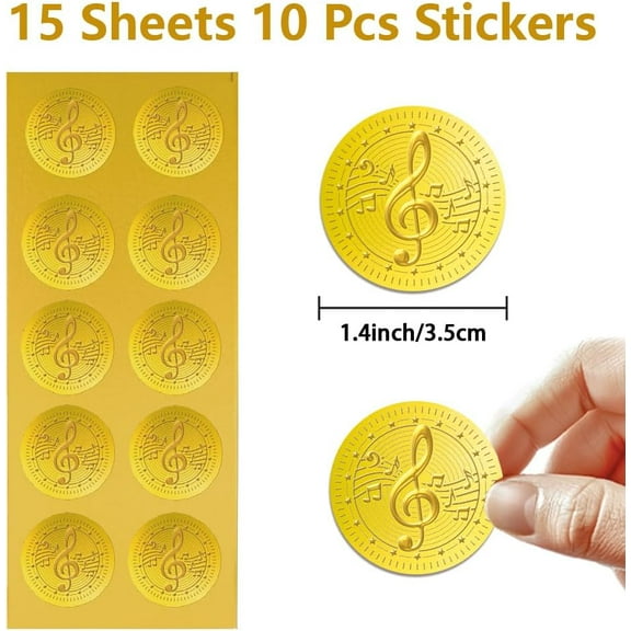 Gold Embossed Sticker Seal Music Note 1.4 Inch 150Pcs Self Adhesive Golden Around Embossing Decals for Invitation Envelope Seal Gift Card Certificate Decoration