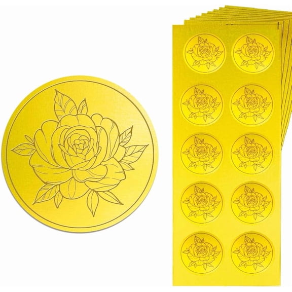 Gold Embossed Sticker Seal Roses Flower 1.4 Inch 150Pcs Self Adhesive Golden Around Embossing Decals for Invitation Envelope Seal Gift Card Certificate Decoration