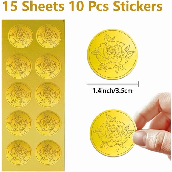 Gold Embossed Sticker Seal Roses Flower 1.4 Inch 150Pcs Self Adhesive Golden Around Embossing Decals for Invitation Envelope Seal Gift Card Certificate Decoration