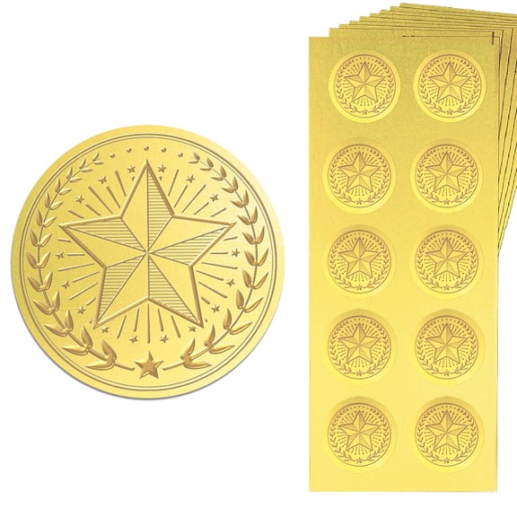 Gold Embossed Sticker Seal Star and Ear of Wheat 1.4 Inch 150Pcs Self Adhesive Golden Around Embossing Decals