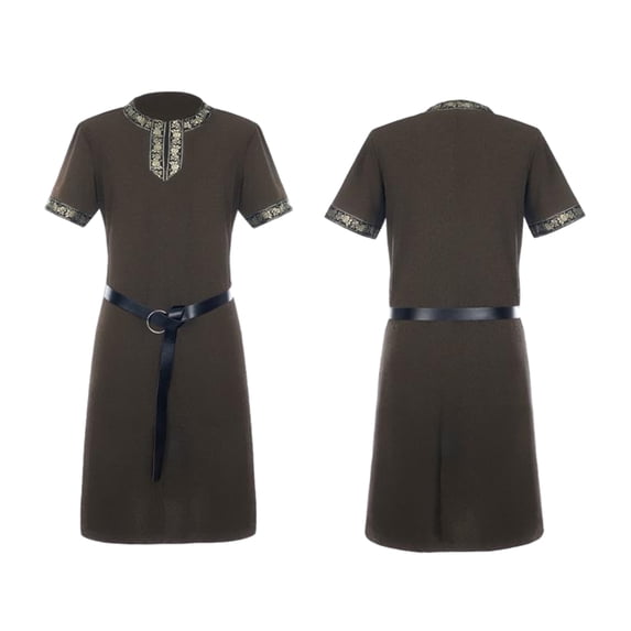 Gold Embroidery Collar Warrior Top, Short Sleeve Medieval Viking Tunic, Gold Embroidery Collar Renaissance Warrior Costume Top With Belt, Multi Color Larp Cosplay Shirt, Green XXL