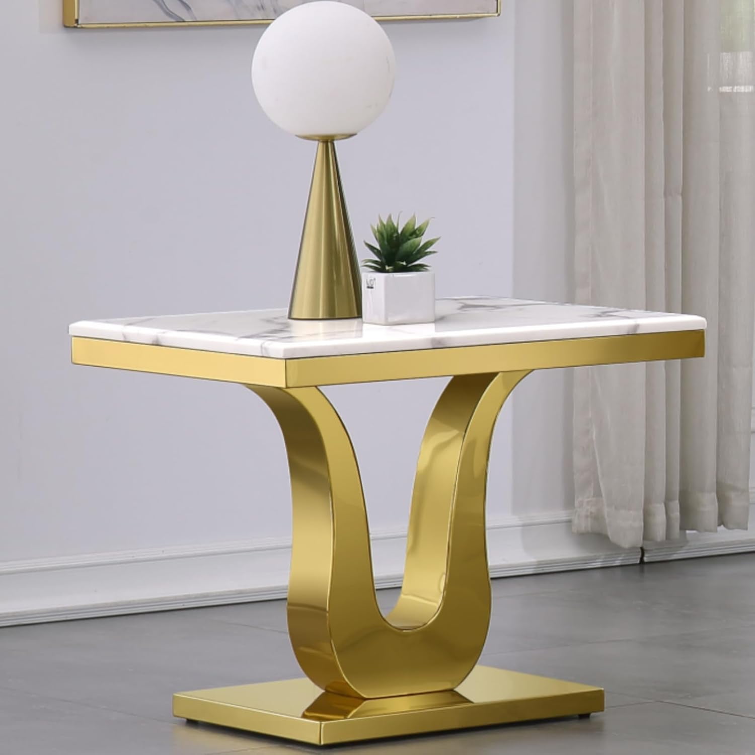 Gold End Table Modern 26 inch Square Living Room Side Table with White