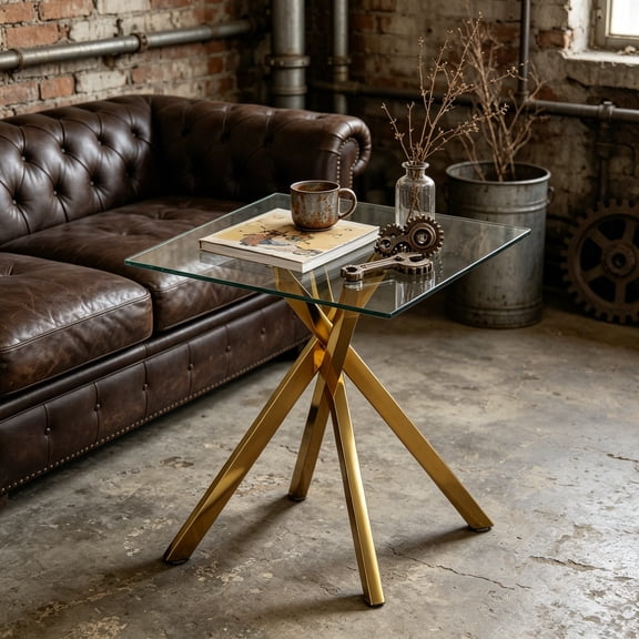 Gold End Table, Small End Table with Chrome Metal X-Shaped Pedestal, Tempered Glass Square End Table, Luxury Glass End Table Nightstand Modern Side Table for Living Room, Bedroom