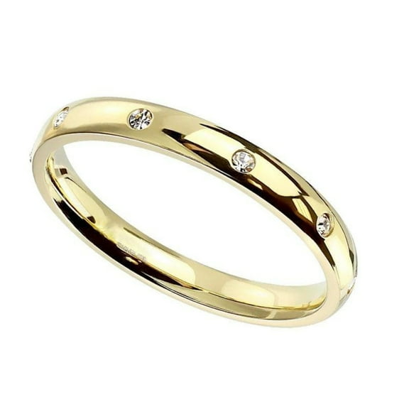 Gold Eternity Anniversary Ring Womens 316L Surgical Stainless Steel Cubic Zirconia Wedding Band Fantasy Forge Jewelry