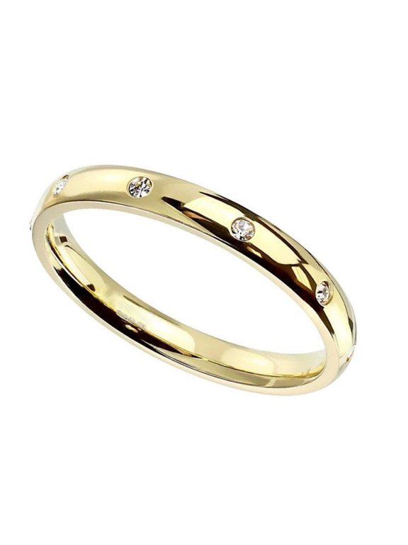 Gold Eternity Anniversary Ring Womens 316L Surgical Stainless Steel Cubic Zirconia Wedding Band Fantasy Forge Jewelry