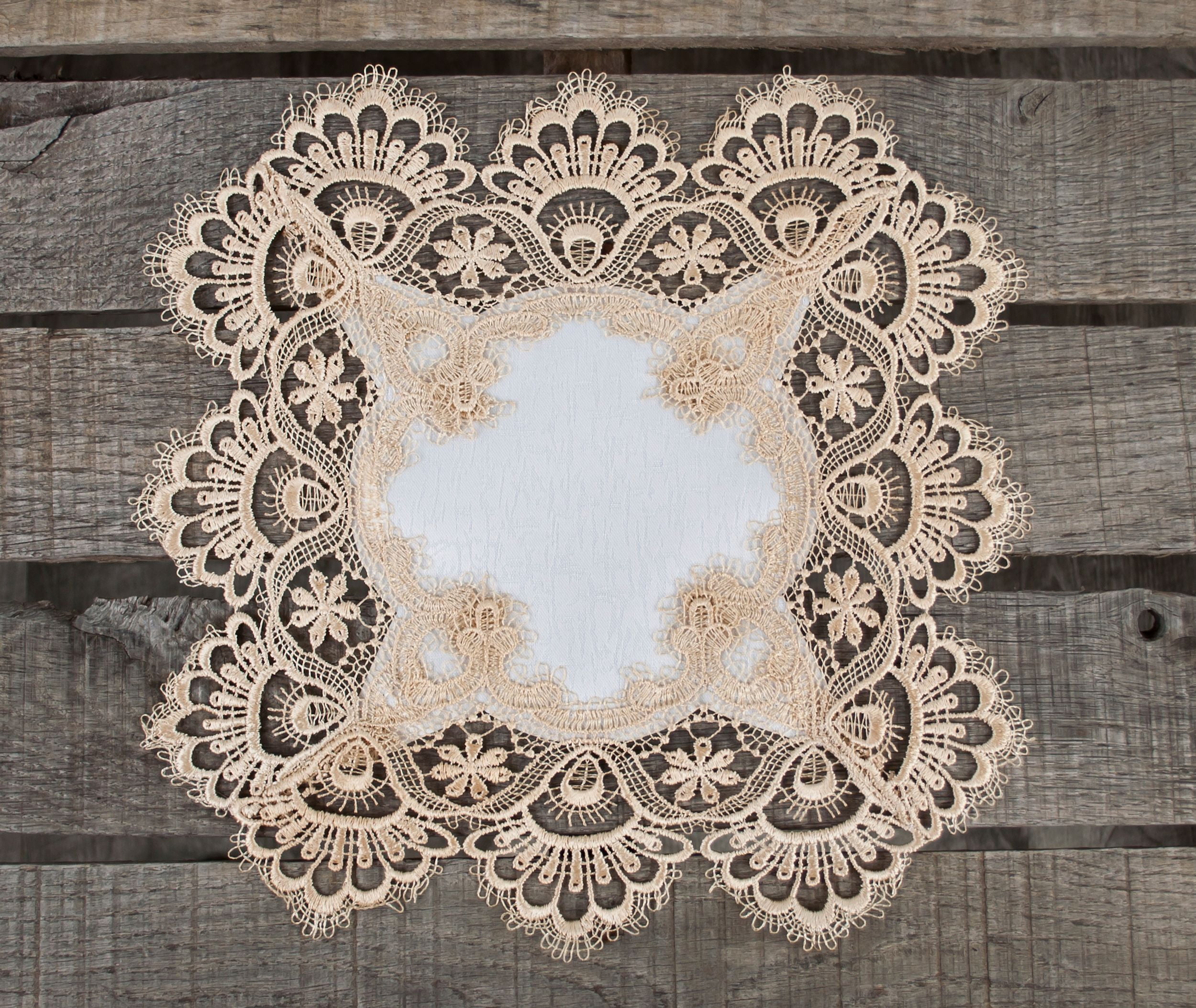 Gold European Lace and Antique Jacquard Fabric Doily, Placemat (14"/ 14