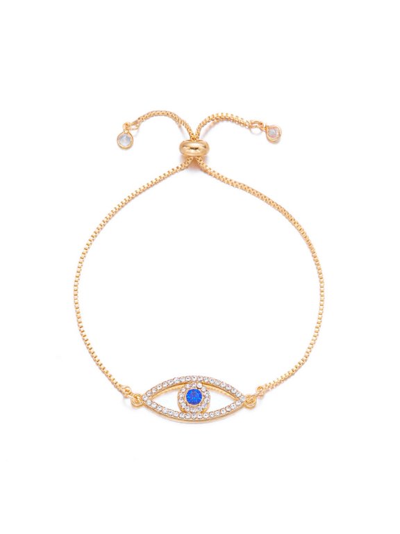 Gold Evil Eye Adjustable Box Chain Bracelet for Women, Blue Crystal Eye Charm Slider Clasp Bracelet, Dainty Protection Jewelry Gift