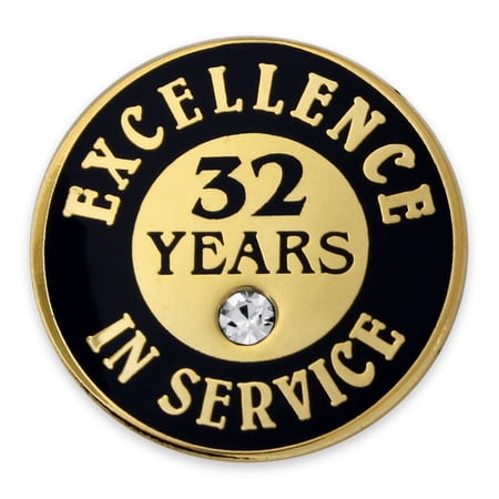 Gold Excellence in Service Enamel Lapel Pin w/ Rhinestone - 32 Years