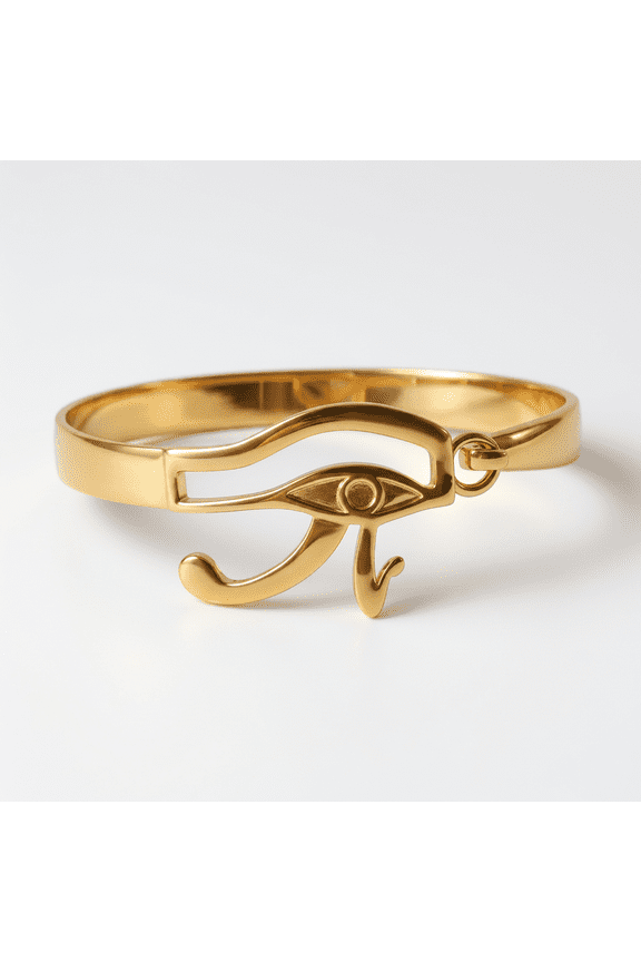 Gold Eye of Horus Cuff Bracelet for Women, 18K Gold Plated Wedjat Eye Bangle, Ancient Egyptian Protection Jewelry, Hinged Cuff, Hypoallergenic Stainless Steel