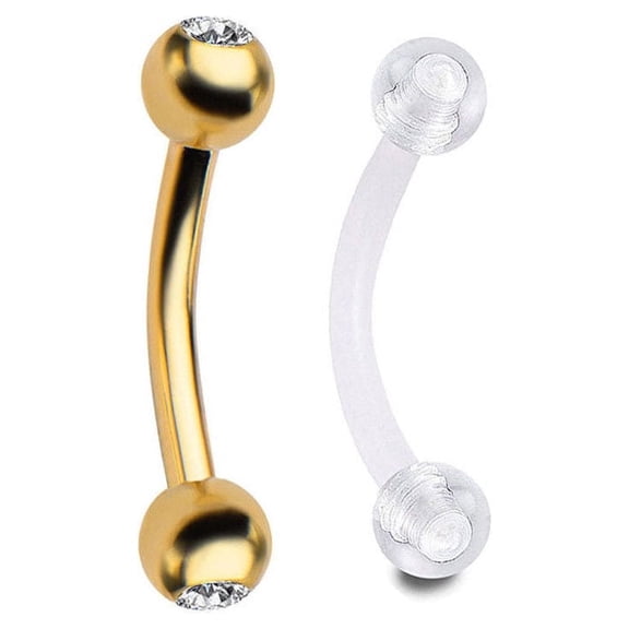Gold Eyebrow Ring 16G Anodized Curved Barbell CZ Gem & 18G Clear Retainer 2pcs