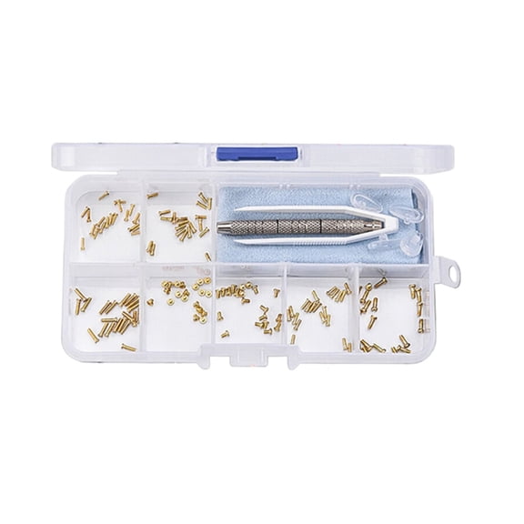 Gold Eyeglass Repair Kit with Different Sizes Gold-Plated Screws, Precision Screwdriver, Tweezer, Nose Pads & Cloth - Compact Eye Glass Repairing Kit for Most Eyewear Types,Gold