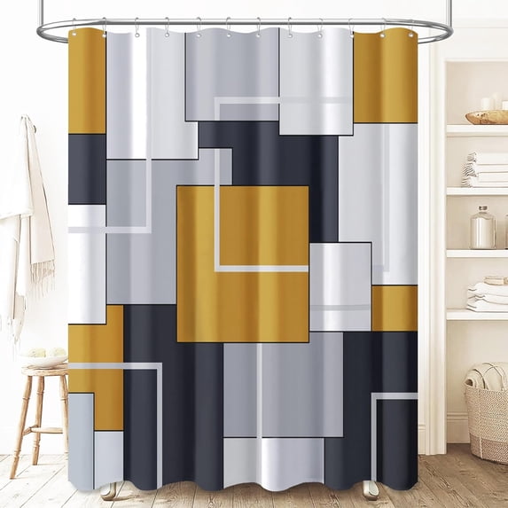 Gold Fabric Shower Curtain - Geometric Shower Curtain Set with 12 Plastic Hooks, Water Repellent, Machine Washable, Modern Decorative Polyester Cloth Shower Curtains for Bathroom - 72x72