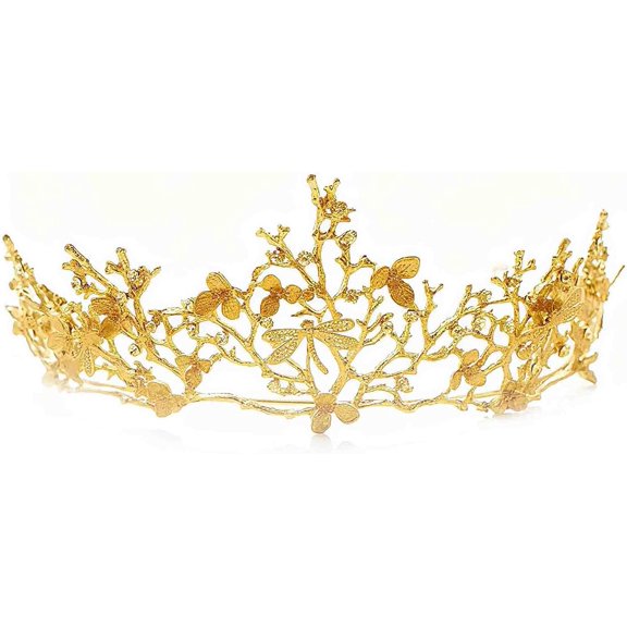 Gold Fairy Queen Crown Tiara, Dragonfly Branch Goddess Headpiece with Rhinestone Alloy Design for Wedding, Party, Prom, Birthday, and Special Occasions