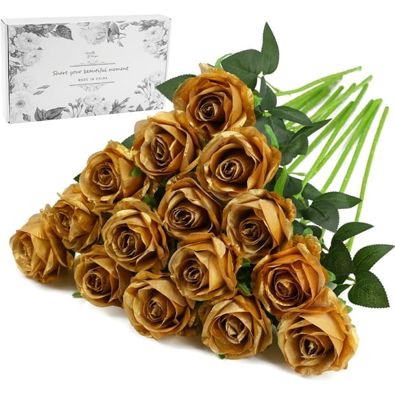 Gold Fake Roses Artificial Flowers - Fake Artificial Roses Silk Flowers with Stems for Home Wedding Hotel Office Centerpiece Decor