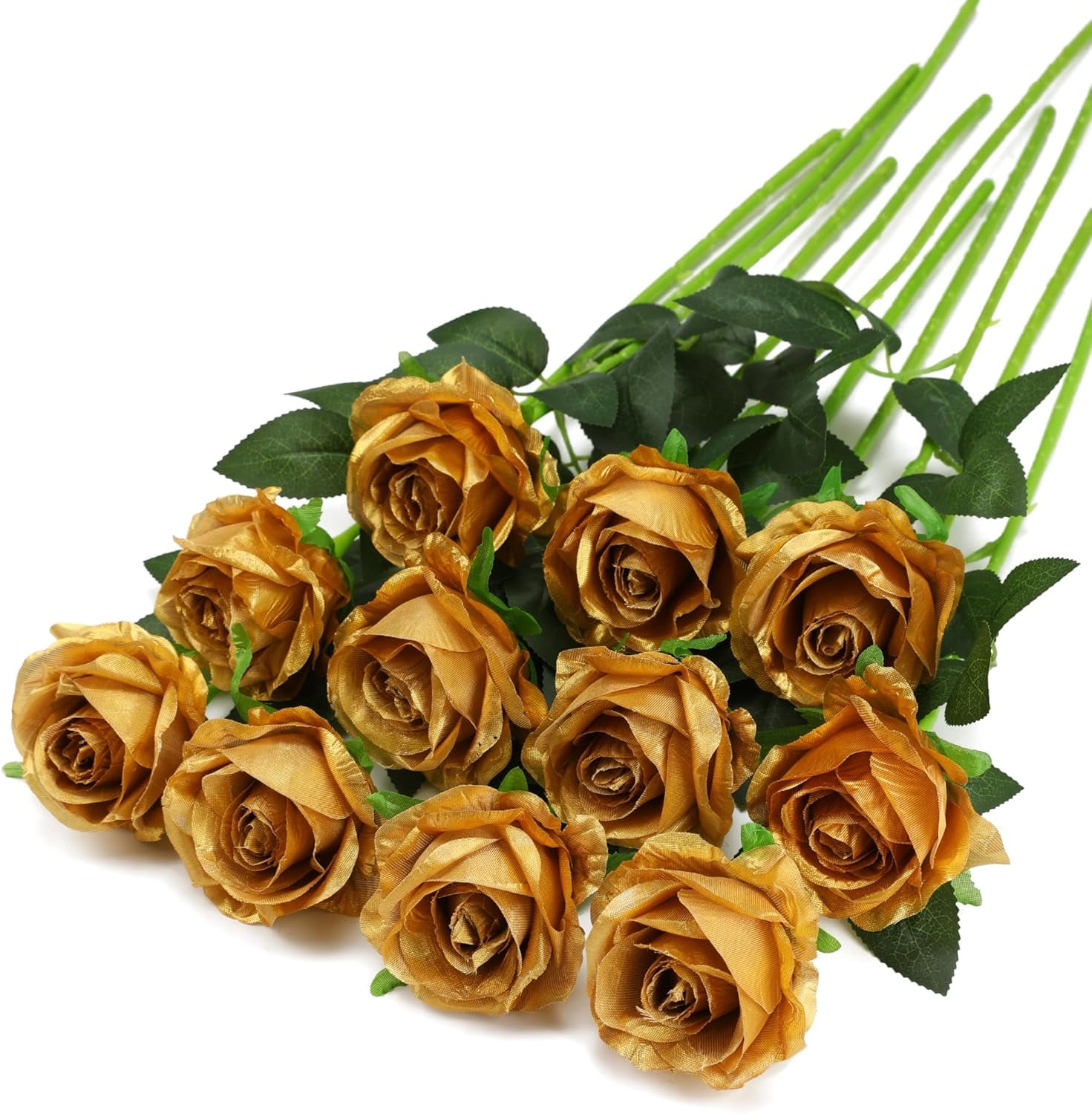 Gold Fake Roses Artificial Flowers - Fake Artificial Roses Silk Flowers with Stems for Home Wedding Hotel Office Centerpiece Decor
