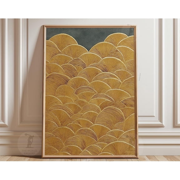 Gold Fan Pattern Japanese Art Deco Wall Art Print, Unframed Paper Poster 8x10in