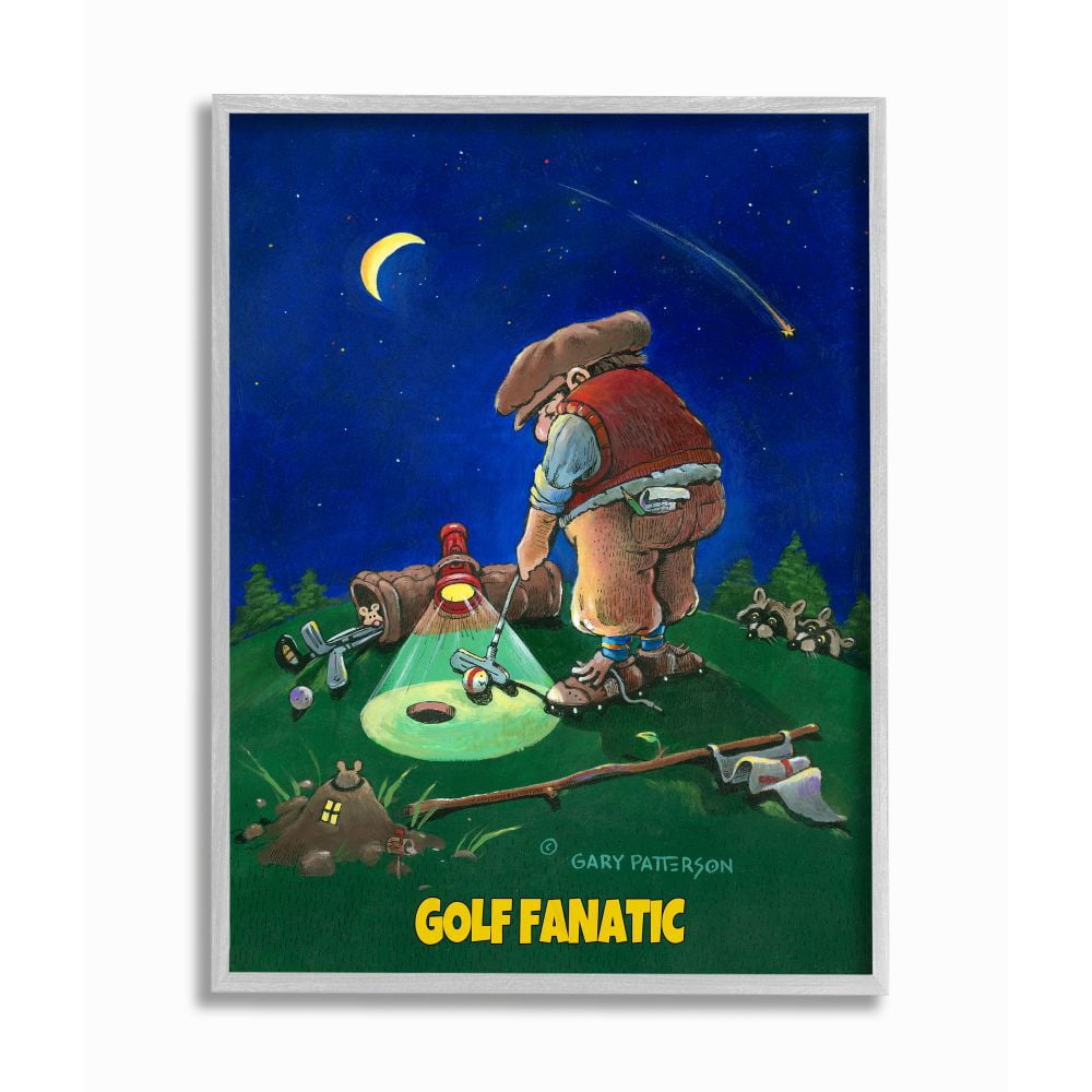 Gold Fanatic Funny Golf Cartoon Sports Design Gray Farmhouse Rustic Oversized Framed Giclee Texturized Art by Gary Patterson