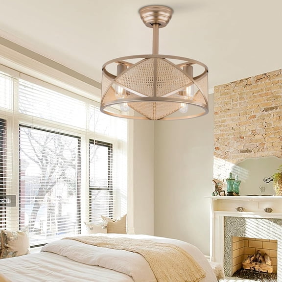 Gold Fandelier Ceiling Fan 18in 6-Speed Enclosed Caged Ceiling Fan with Lights Remote Control Gold Boho Rattan Caged Ceiling Fan Light Downrod Mount
