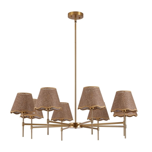 Gold Farmhouse Chandelier 8-Light Boho Pendant Lamp 38.6 in Large Rustic Rattan Chandelier Light Fixture with Height Adjustable Hanging Pole for Dining Room, Living Room, Bedroom, E12 Base