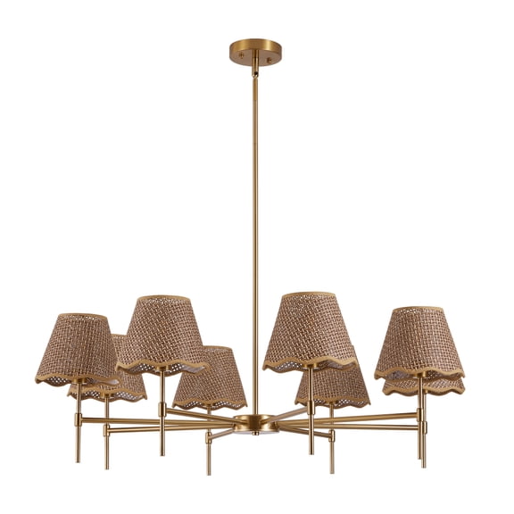 Gold Farmhouse Chandelier 8-Light Boho Pendant Lamp 38.6 in Large Rustic Rattan Chandelier Light Fixture with Height Adjustable Hanging Pole for Dining Room, Living Room, Bedroom, E12 Base