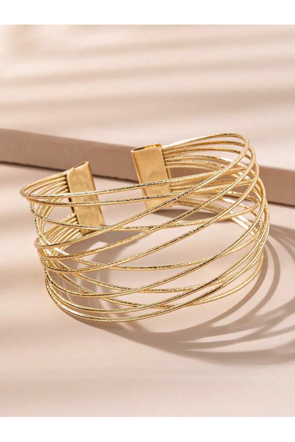 Gold Fashion Womens Multi-Layered Crossed Open Cuff Bangle