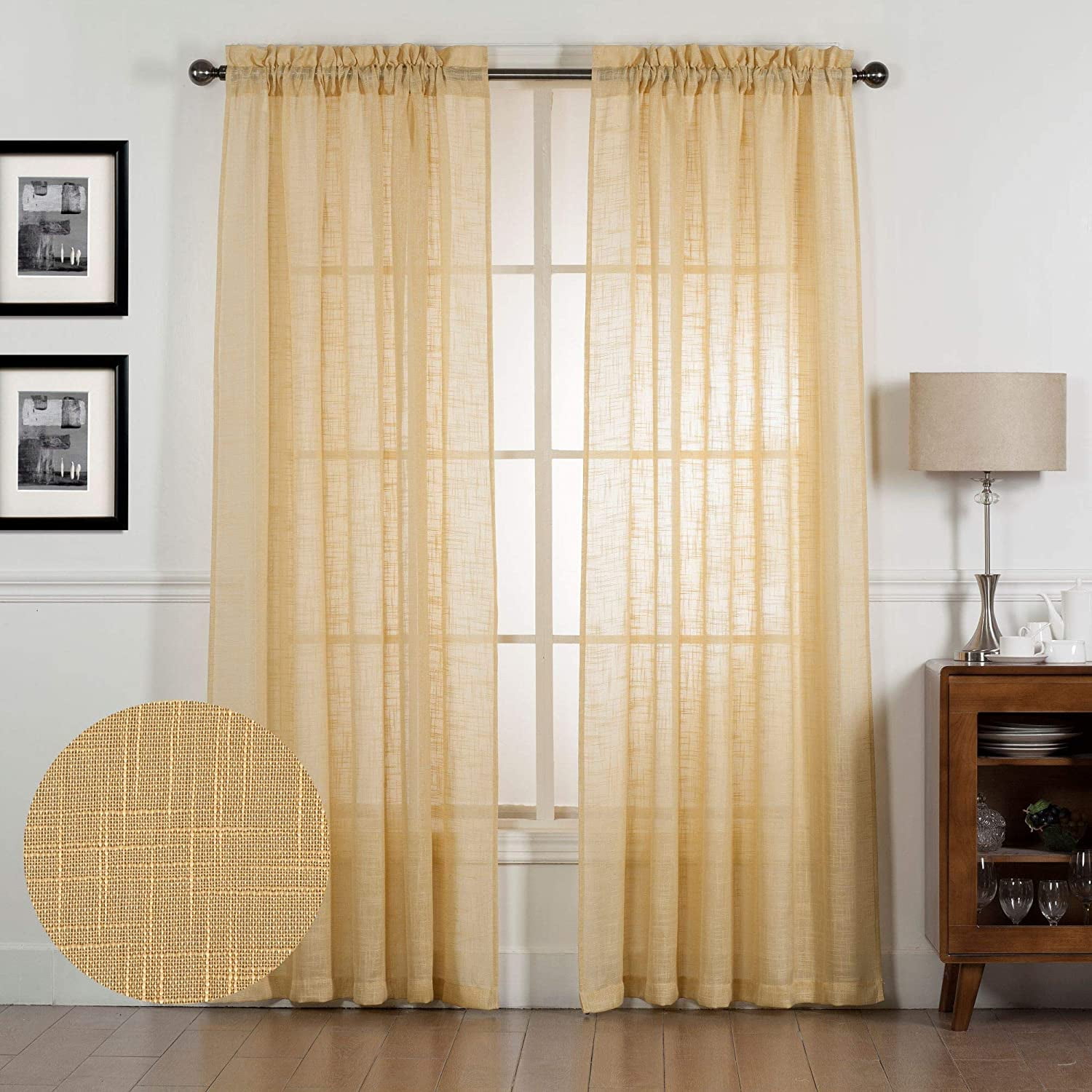 Gold Faux Linen Solid Color Semi Voile Window Curtains For Bedroom And Living Room Set Of 2 Panels 84 Long Com